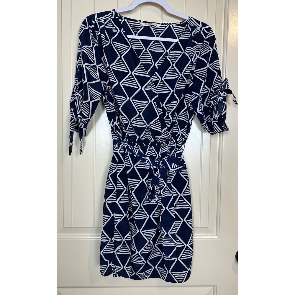 Old Navy Women's Faux Wrap Dress Navy Blue belted Tie Sleeve Sz S GUC